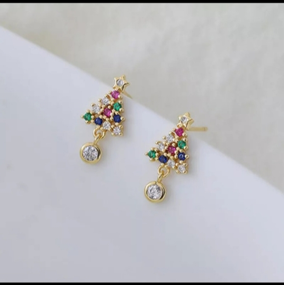 Dainty Gold Rhinestone Crystal Christmas Tree Stud Earrings - Picture 7 of 8